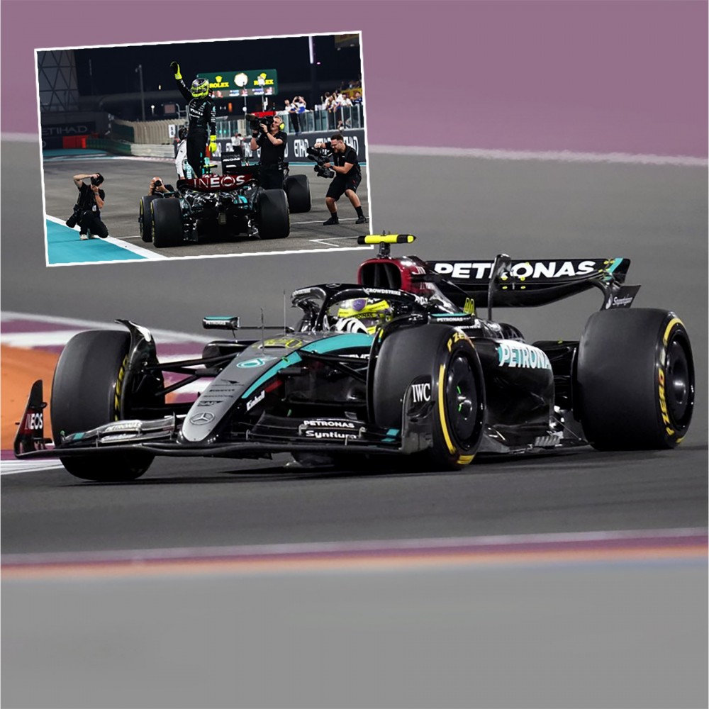 Minichamps Mercedes F1 W15 w. Figure - 2024 Abu Dhabi Grand Prix - #44 Lewis Hamilton 1:12 Model Car